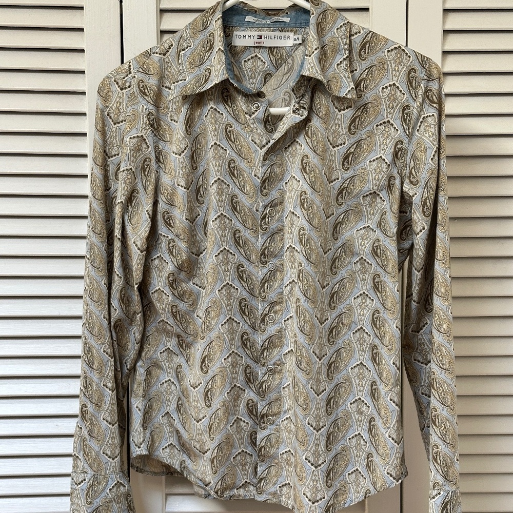 Tommy Hilfiger Jeans 100% Cotton Snap Closure Blouse Denim Print Fits Larger